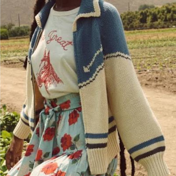 THE GREAT. The Ranch Cardigan in Cream with Denim / Blue Jean - Picture 2 of 8